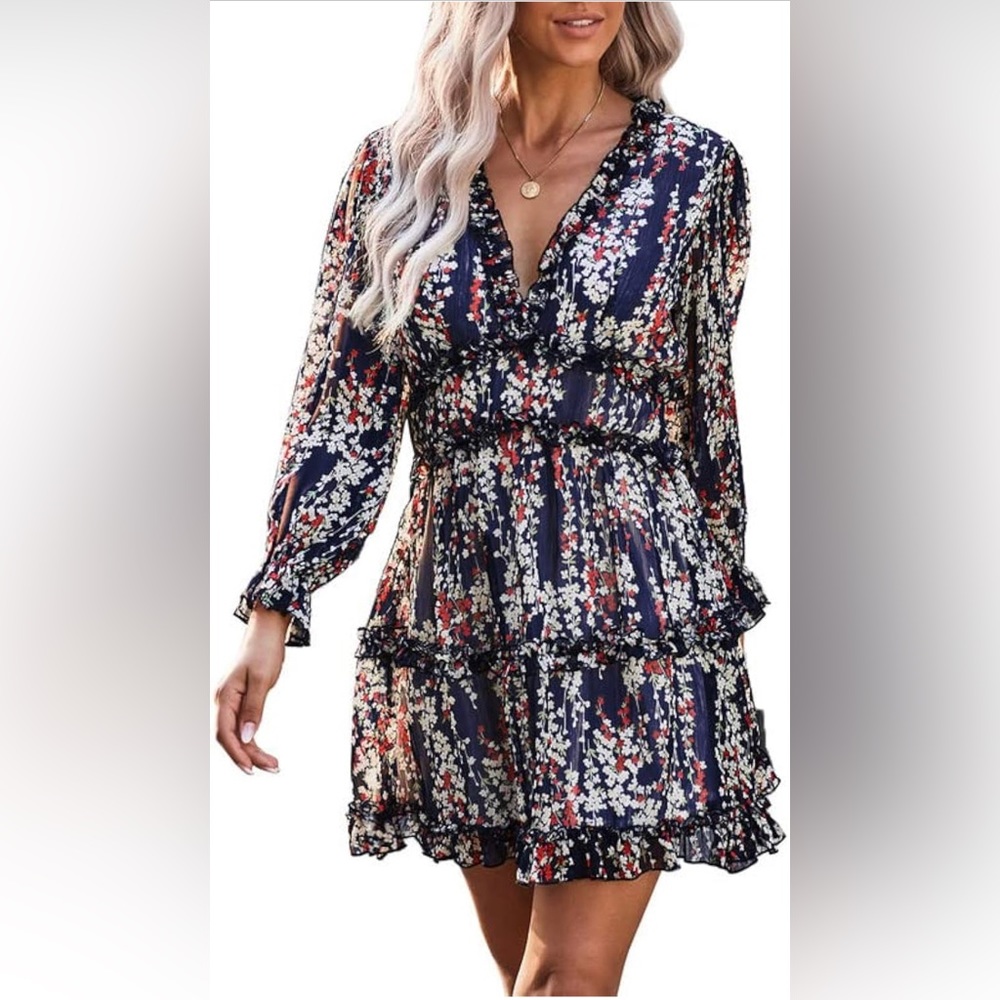 XL Womens 2023 Spring Summer Deep V Neck Ruffle Long Sleeve Floral Print M